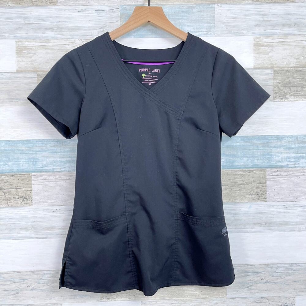 Healing Hands Purple Label Jordan Mock Wrap Scrub Top Black 2172 Womens XS